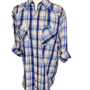 UNTOUCHABLE Shirt Men Crest Sequin Y2k Streetwear Blue Plaid Western Roll Tab XL